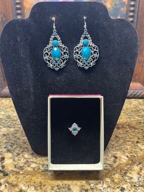 Turquoise Filigree Drop Earrings and Ring Set - Blue